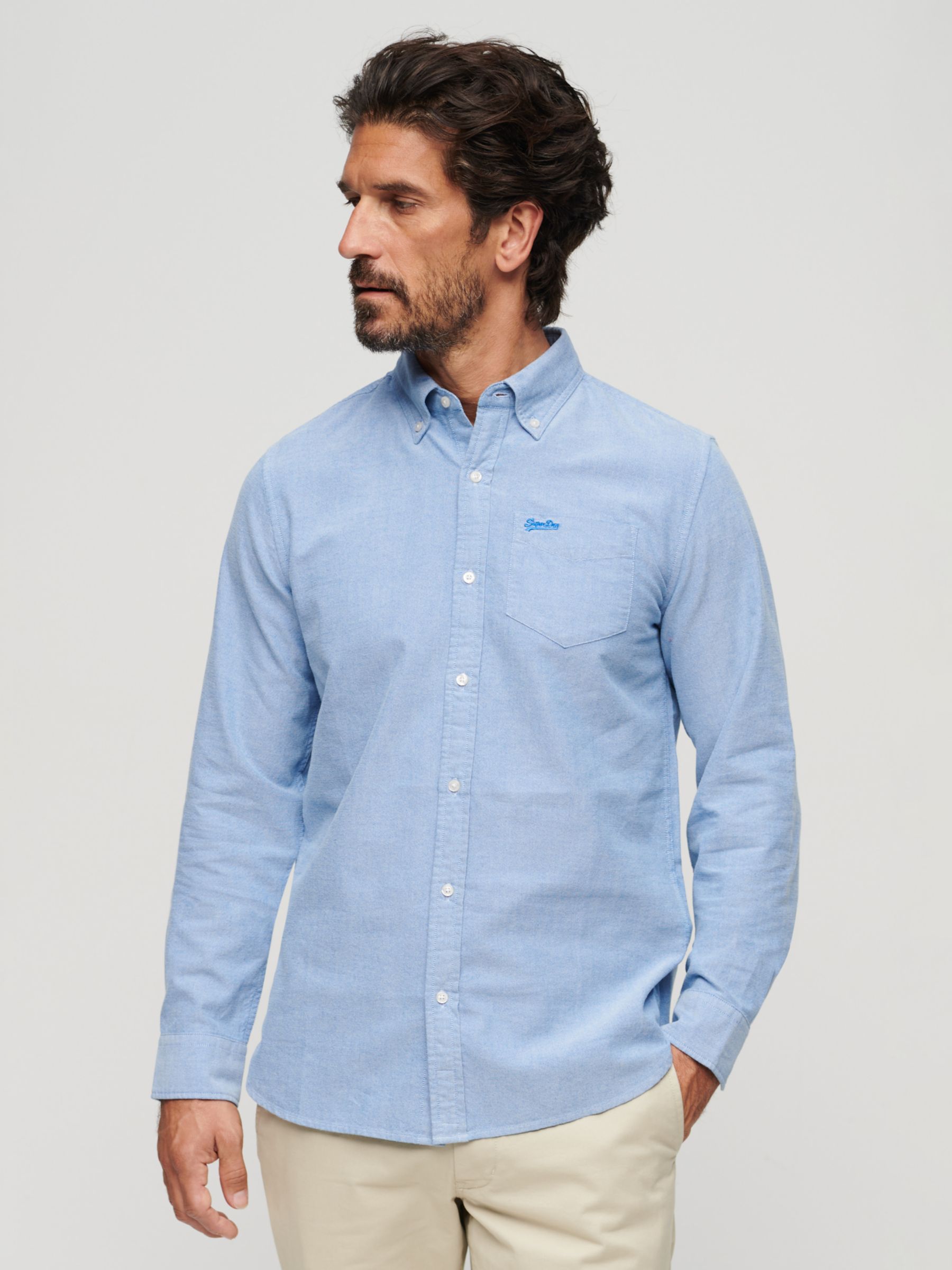 Superdry Organic Cotton Long Sleeve Oxford Shirt, Royal Blue, S