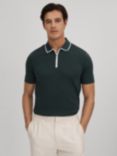Reiss Cannes Short Sleeve Cotton Ribbed Polo Shirt, Dark Green