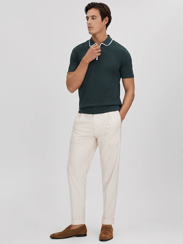 Reiss Cannes Short Sleeve Cotton Ribbed Polo Shirt, Dark Green