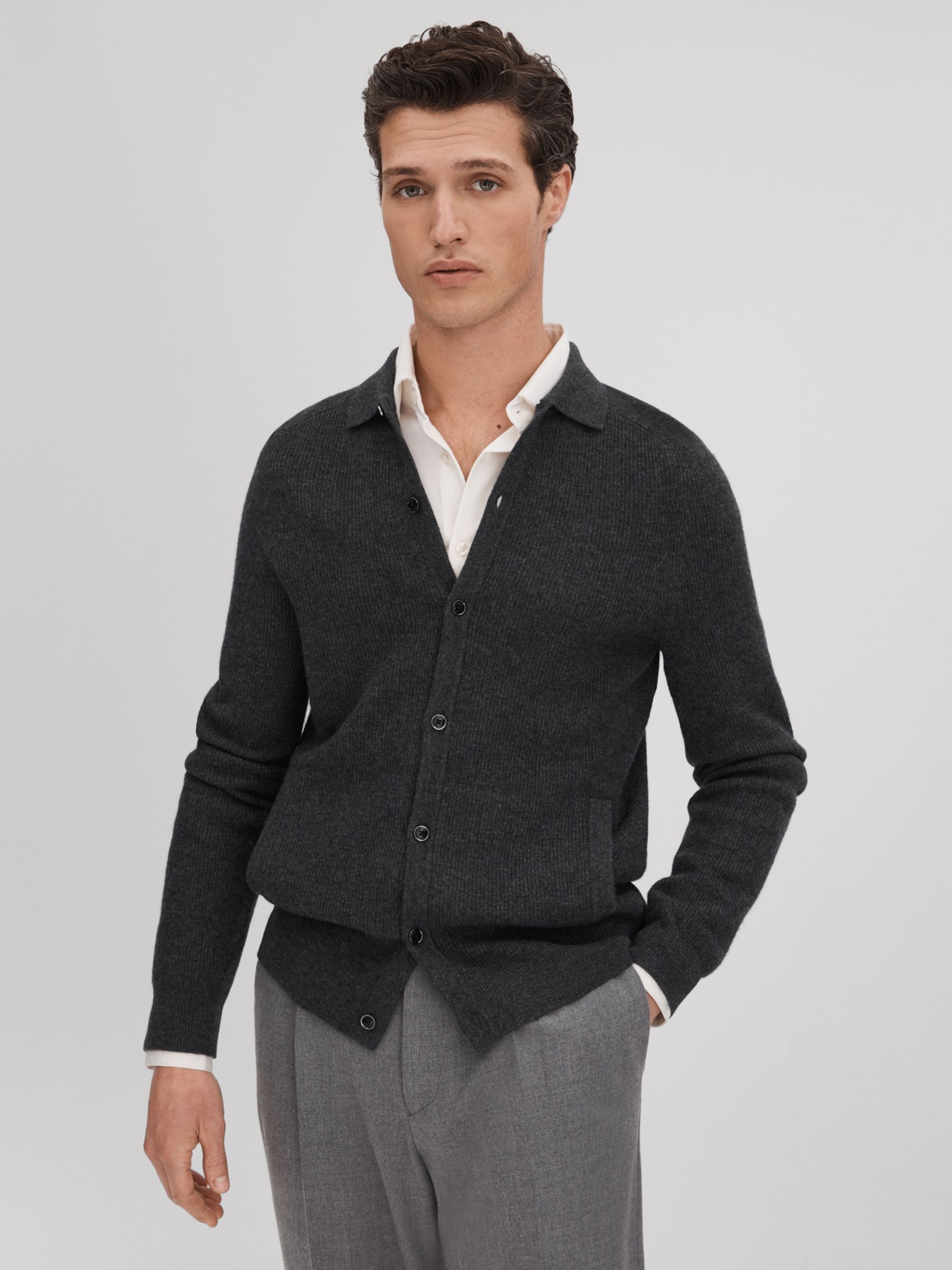 Reiss Kiedler Long Sleeve Button Through Cardigan, Charcoal, XS