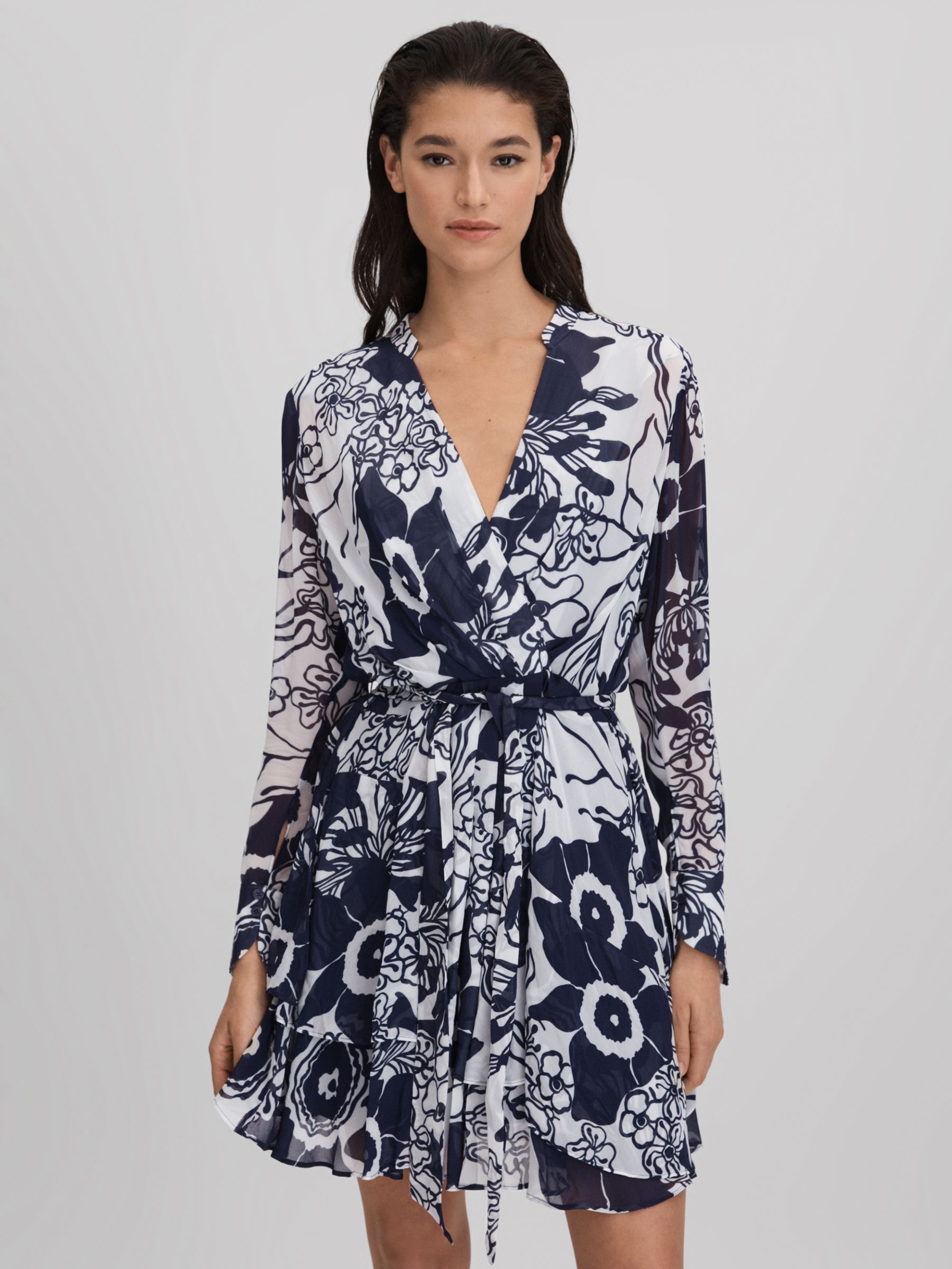 Reiss Sienna Floral Mini Wrap Dress, Navy/Cream at John Lewis & Partners
