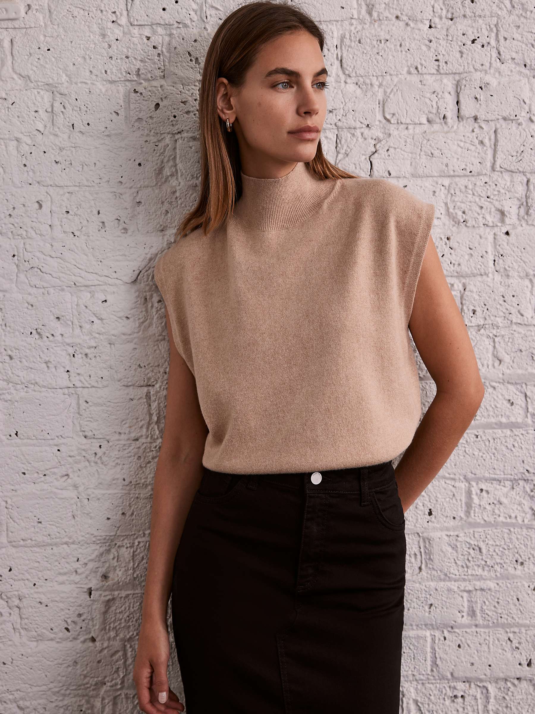 Buy Mint Velvet Wool Blend Funnel Neck Cap Sleeve Knitted Top, Beige Online at johnlewis.com