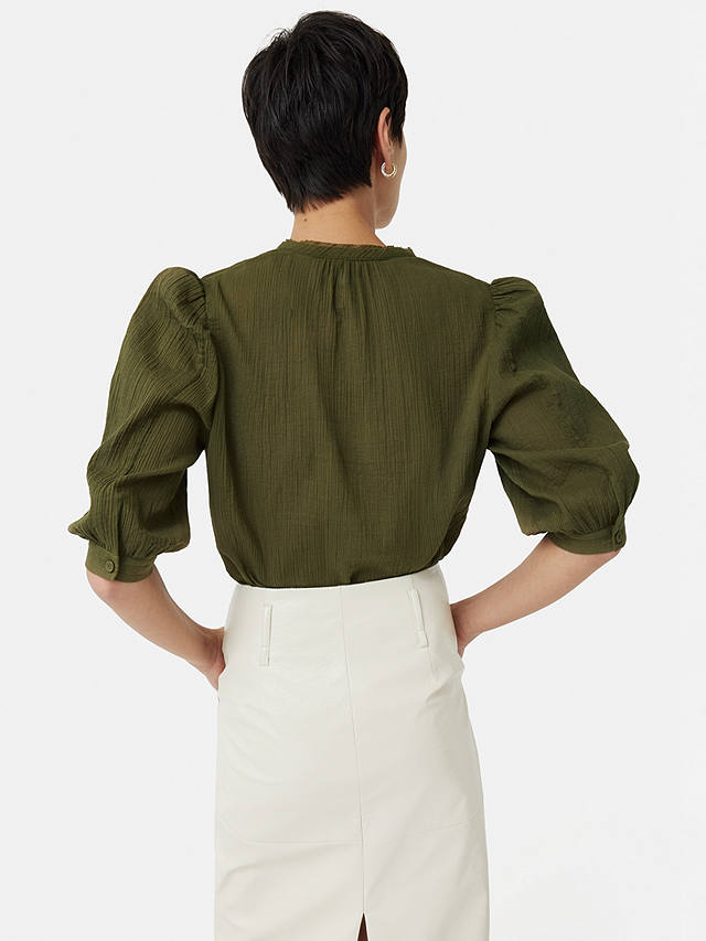 Jigsaw Puff Sleeve Cotton Crinkle Top, Khaki