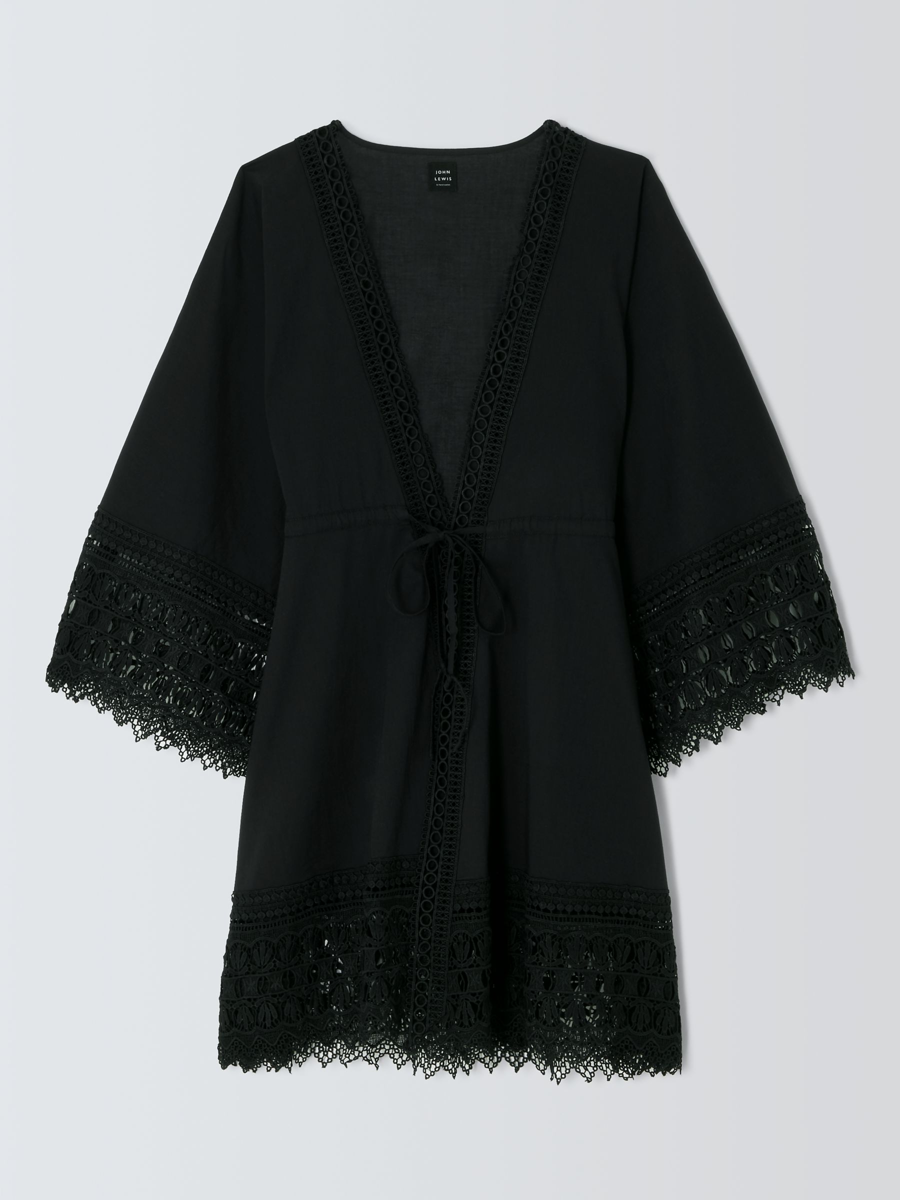 John Lewis Lace Trim Cotton Kaftan, Black