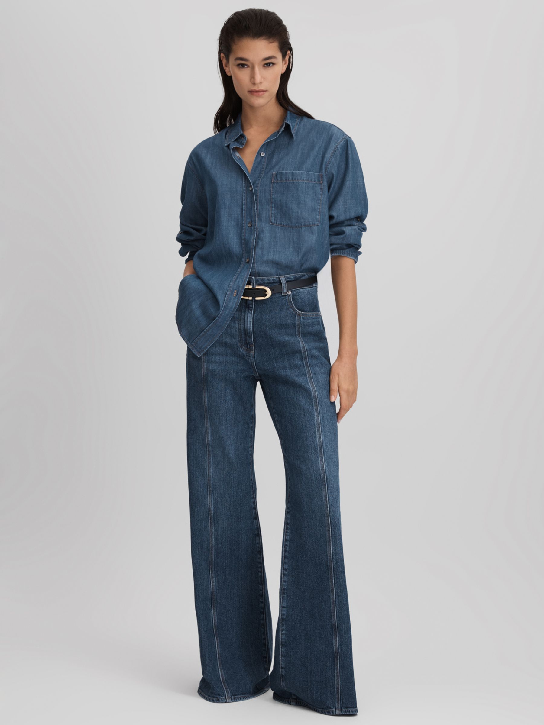 Reiss Petite Juniper Flared Jeans, Mid Blue at John Lewis & Partners