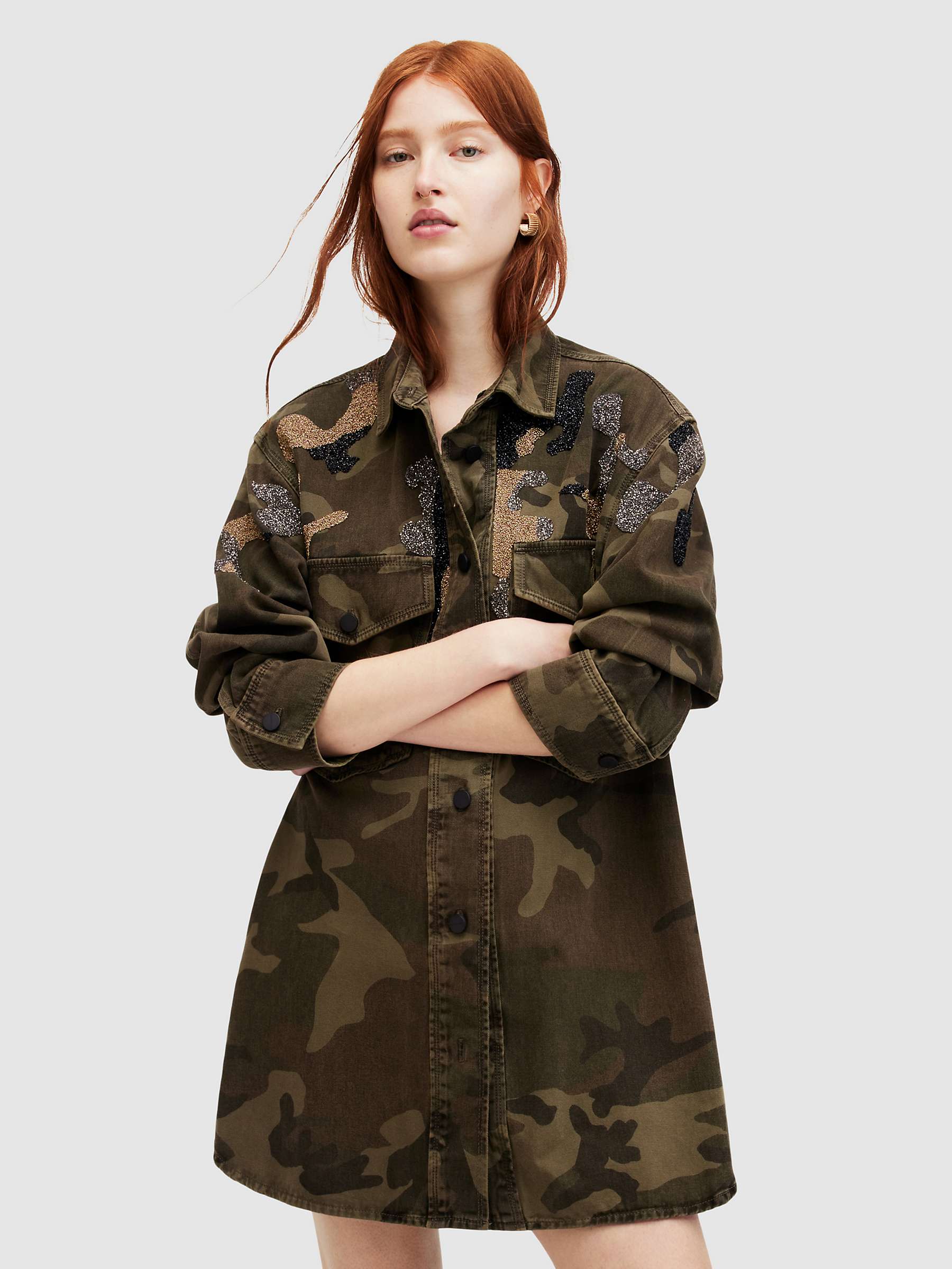 Buy AllSaints Lily Embellished Camouflage Mini Shirt Dress, Khaki/Multi Online at johnlewis.com