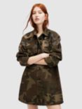 AllSaints Lily Embellished Camouflage Mini Shirt Dress, Khaki/Multi