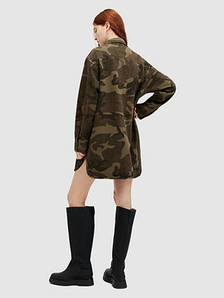 AllSaints Lily Embellished Camouflage Mini Shirt Dress, Khaki/Multi