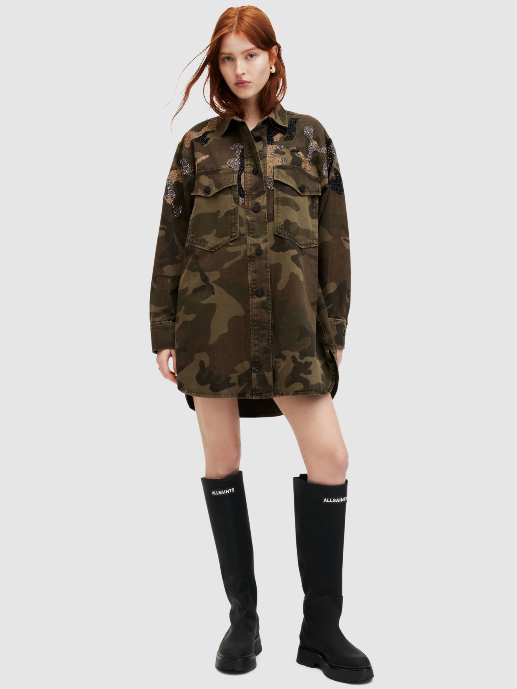 AllSaints Lily Embellished Camouflage Mini Shirt Dress, Khaki/Multi at ...
