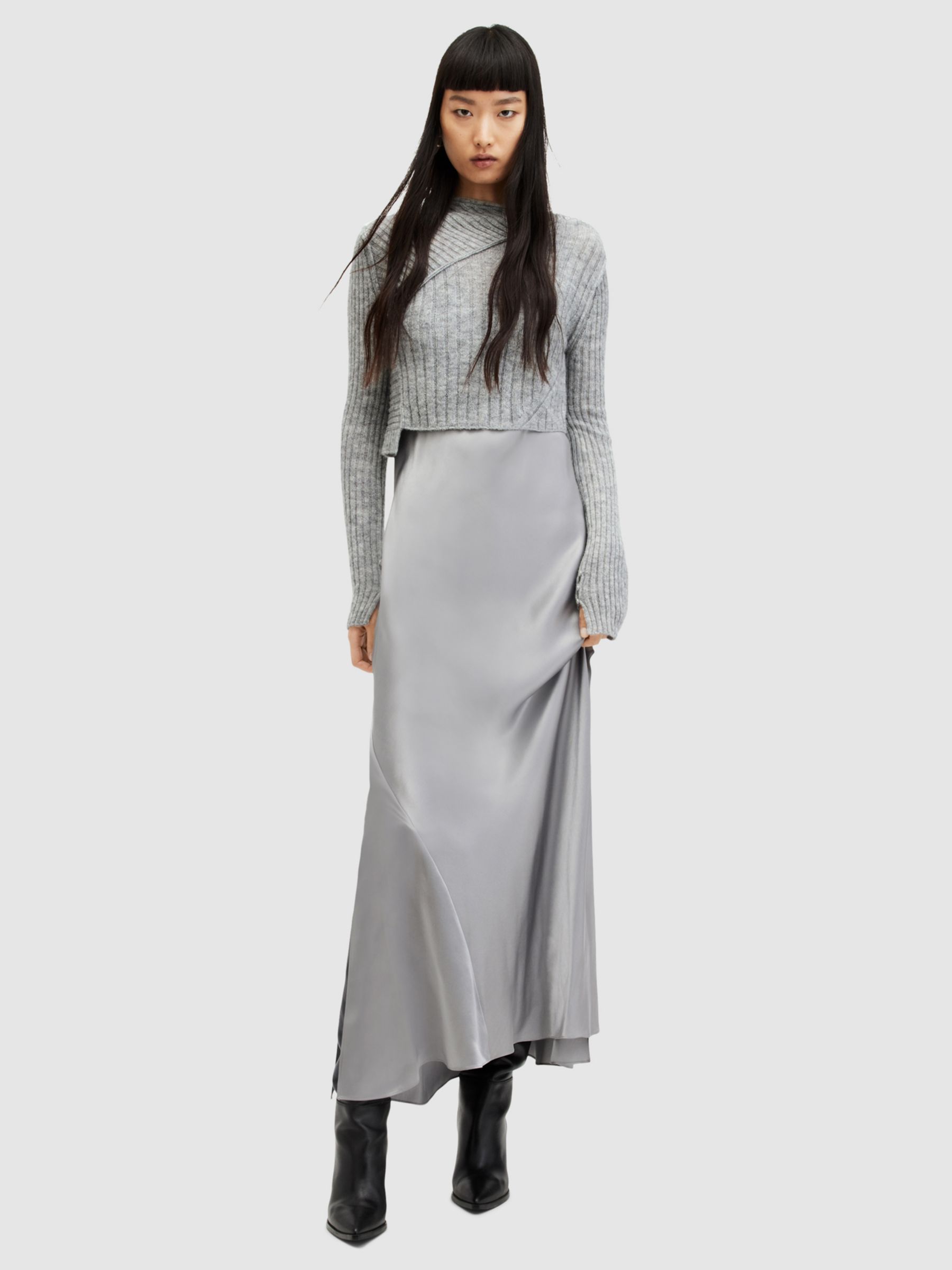 AllSaints Amos Midi Dress, Grey Marl, L
