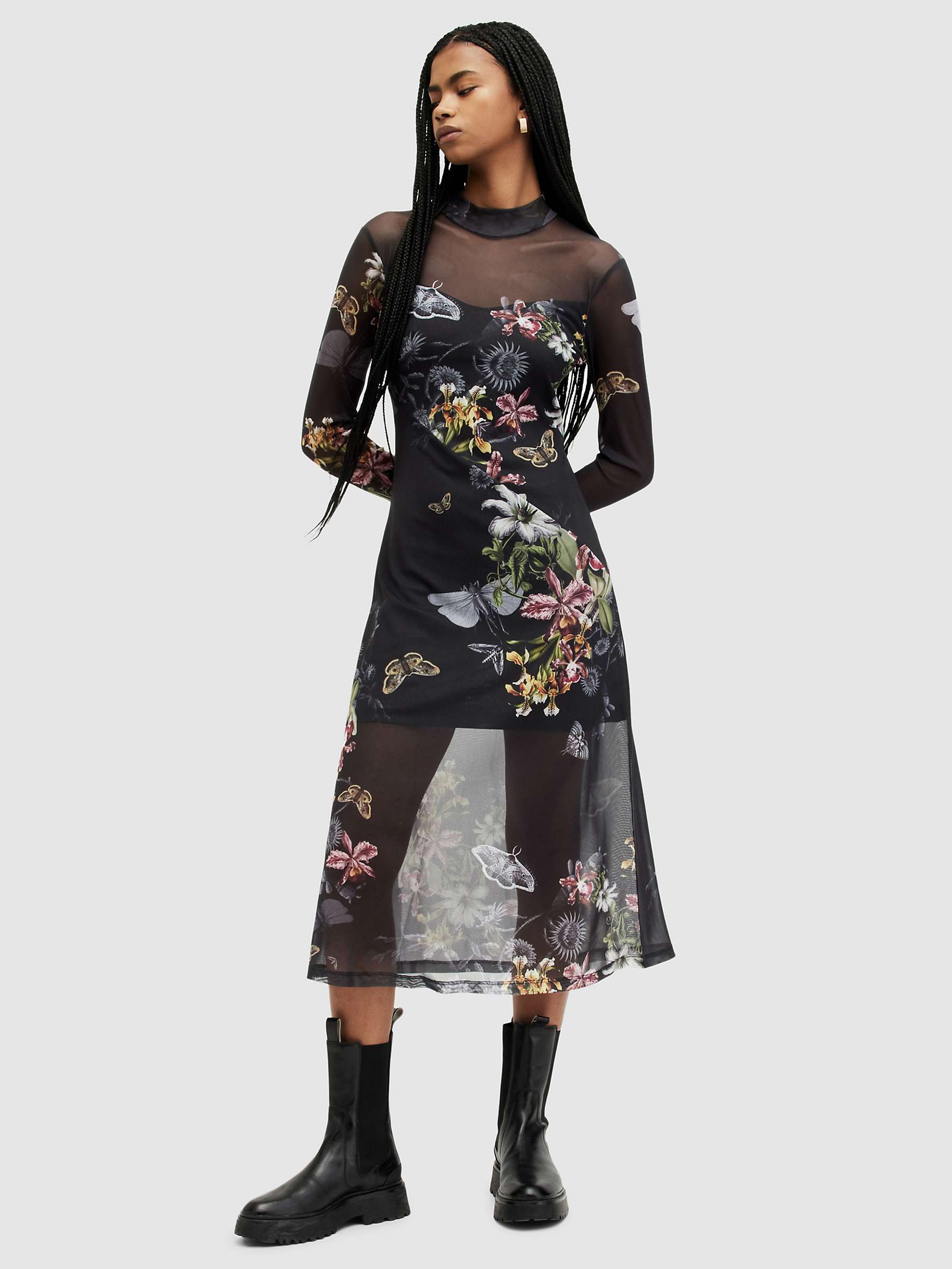 Buy AllSaints Hanna Sanibel Print Funnel Neck Midi Dress, Black Online at johnlewis.com