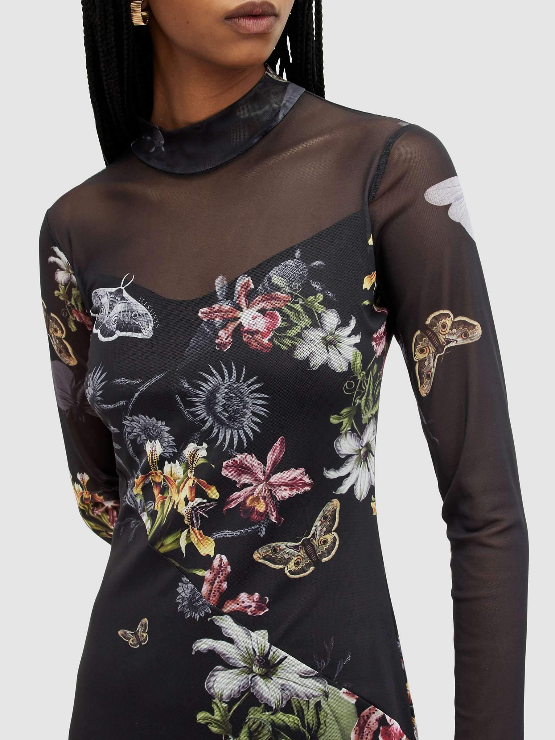Buy AllSaints Hanna Sanibel Print Funnel Neck Midi Dress, Black Online at johnlewis.com
