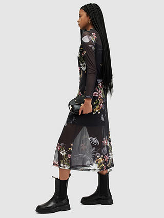 AllSaints Hanna Sanibel Print Funnel Neck Midi Dress, Black