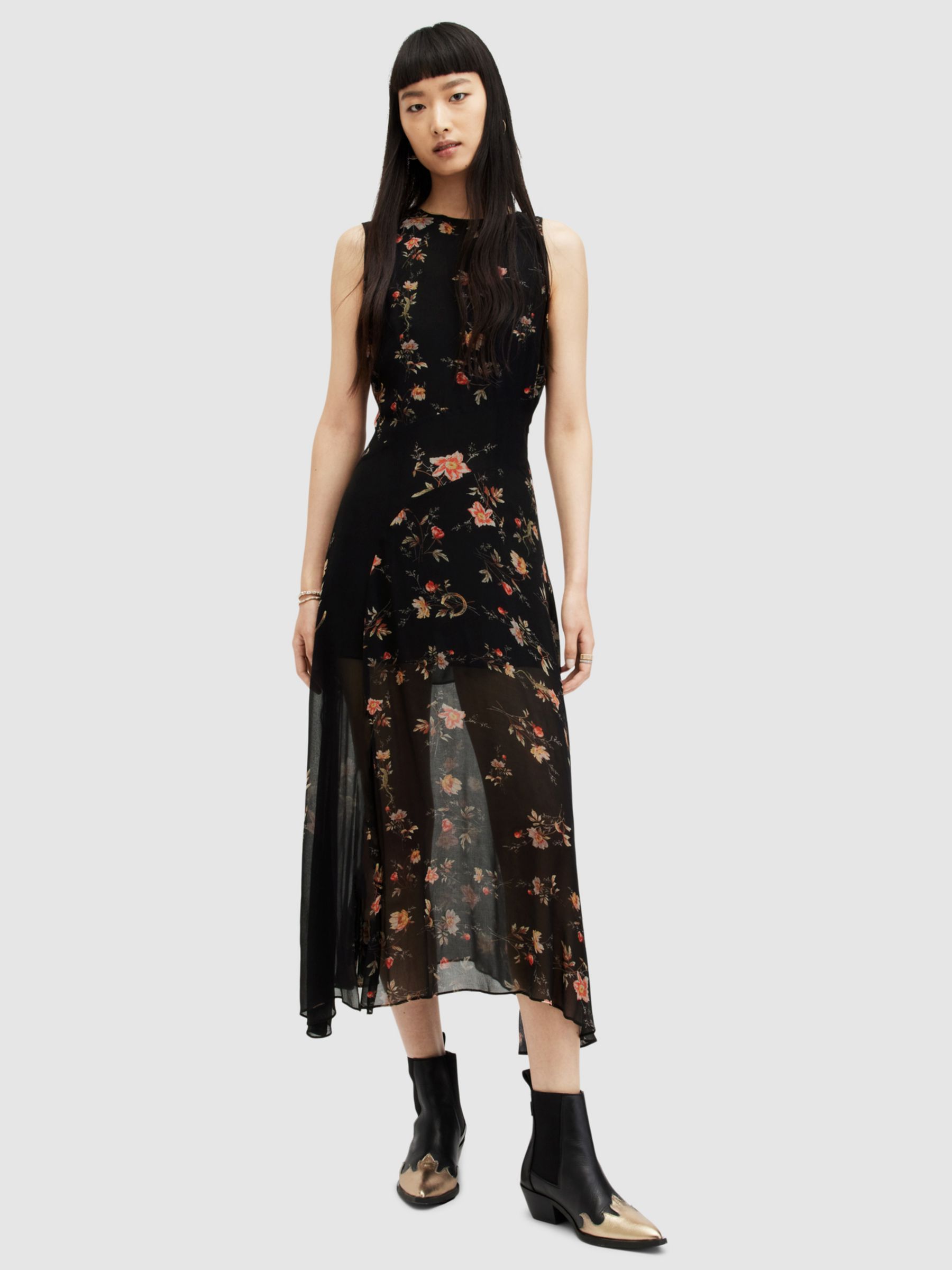 AllSaints Jules Tanana Floral Print Maxi Dress, Black