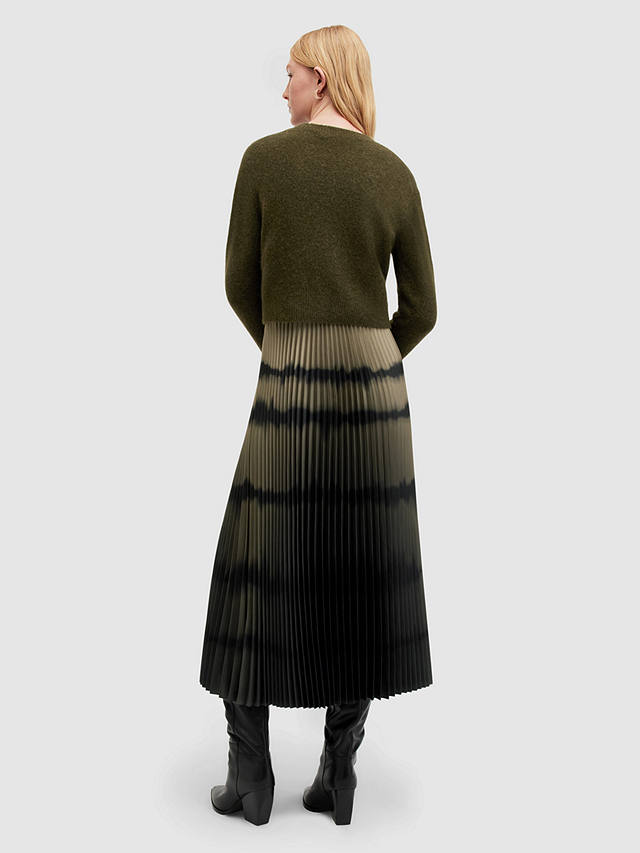 AllSaints Curtis Ombre Pleated Skirt 2-in-1 Midi Dress, Khaki