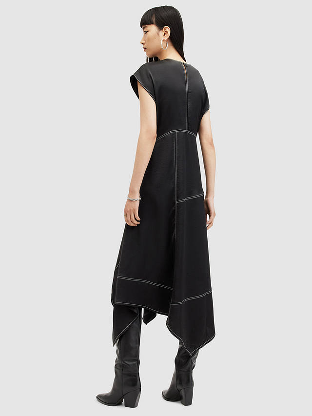 AllSaints Agnes Panelled Asymmetric Midi Dress, Black