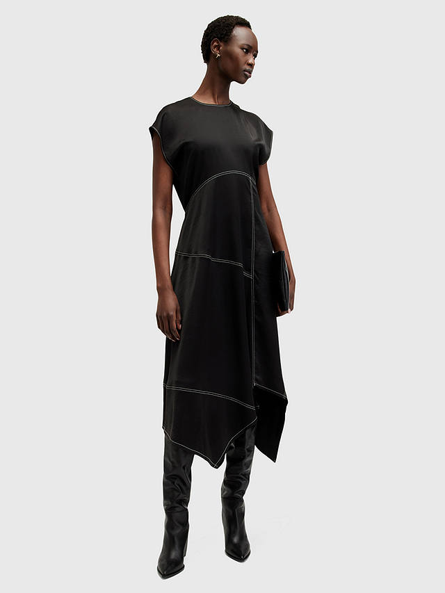 AllSaints Agnes Panelled Asymmetric Midi Dress, Black
