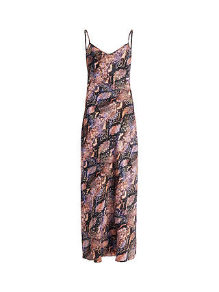 AllSaints Bryony Tahoe Snake Print Midi Slip Dress, Tan Brown