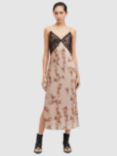 AllSaints Immy Oto Lace Trim Slip Midi Dress, Almond Beige/Multi