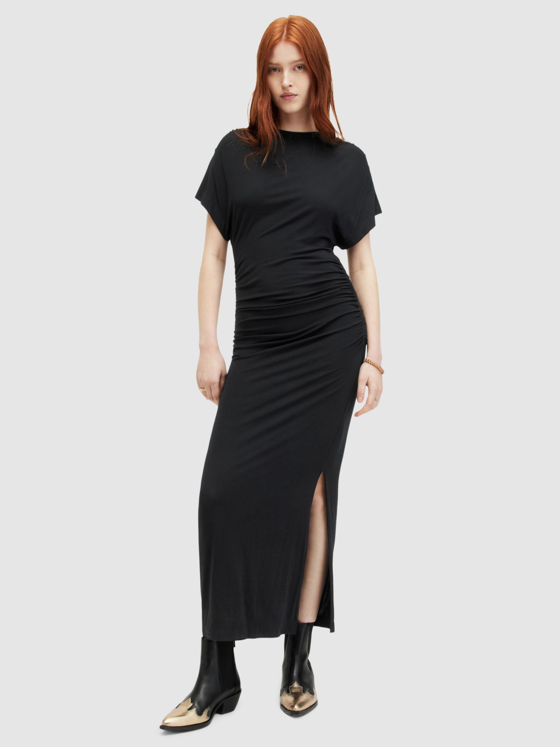 AllSaints Natalie Ruched Jersey Maxi Dress, Black, 12
