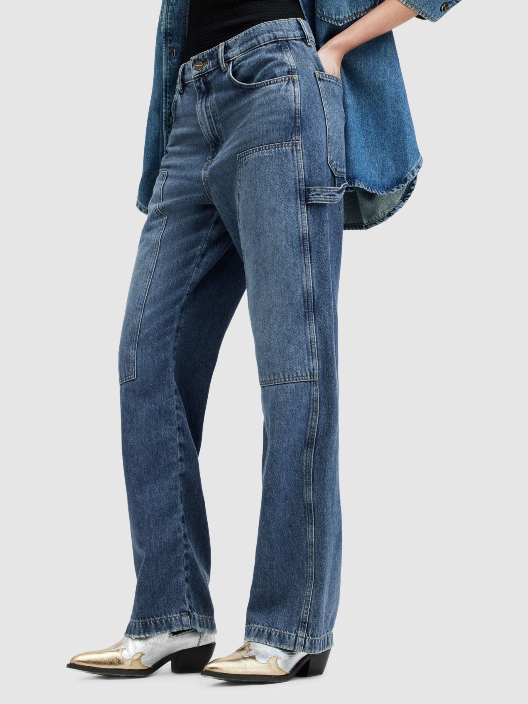 AllSaints Mia Carpenter Wide Leg Denim Jeans, Mid Indigo, 27