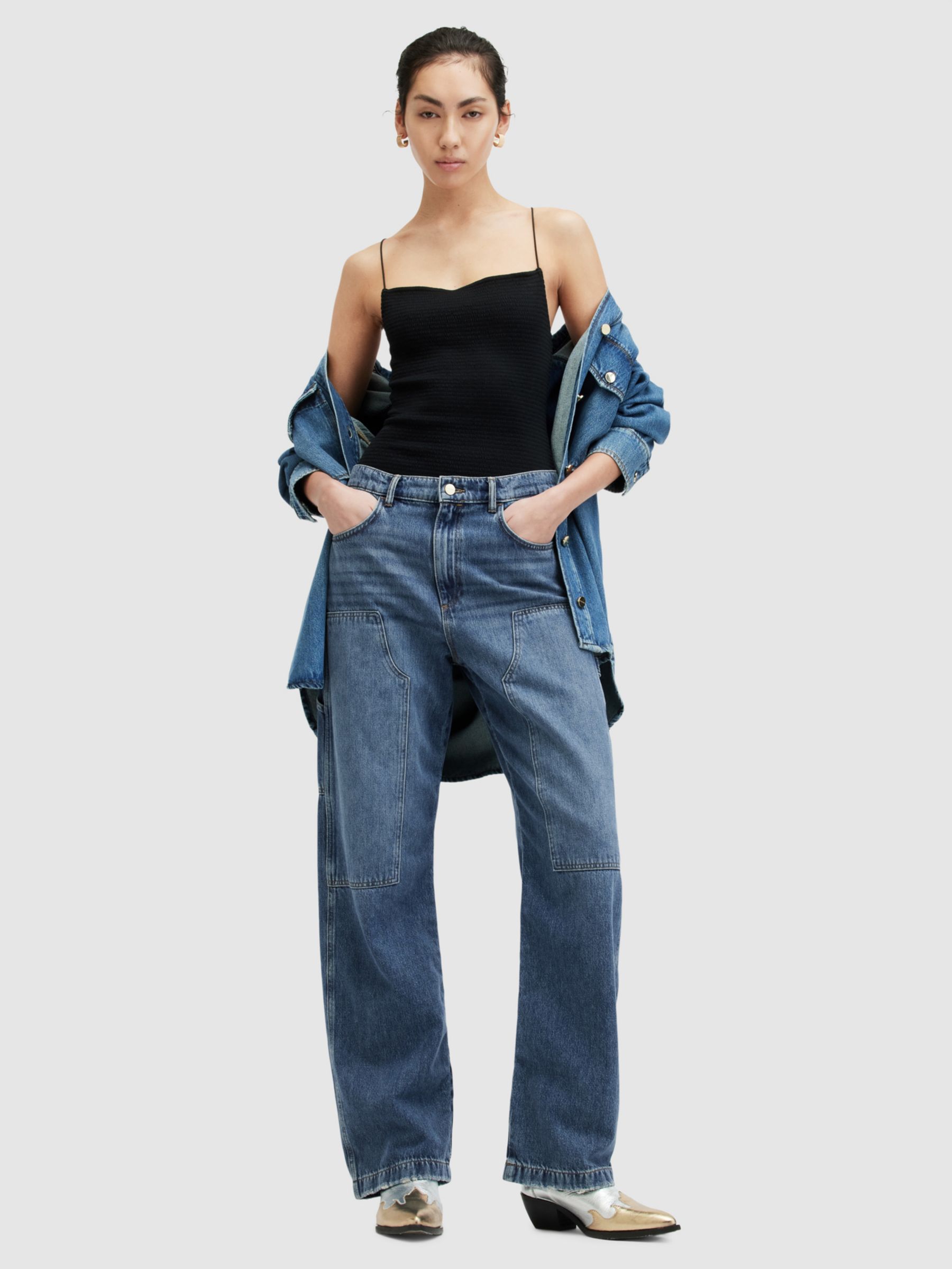 AllSaints Mia Carpenter Wide Leg Denim Jeans, Mid Indigo, 27
