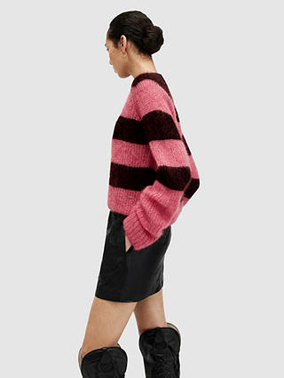 AllSaints Lana Mohair Blend Striped Jumper, Poppy Pink/Red