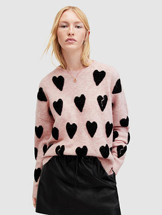 AllSaints Amora Heart Print Jumper, Pale Pink/Black