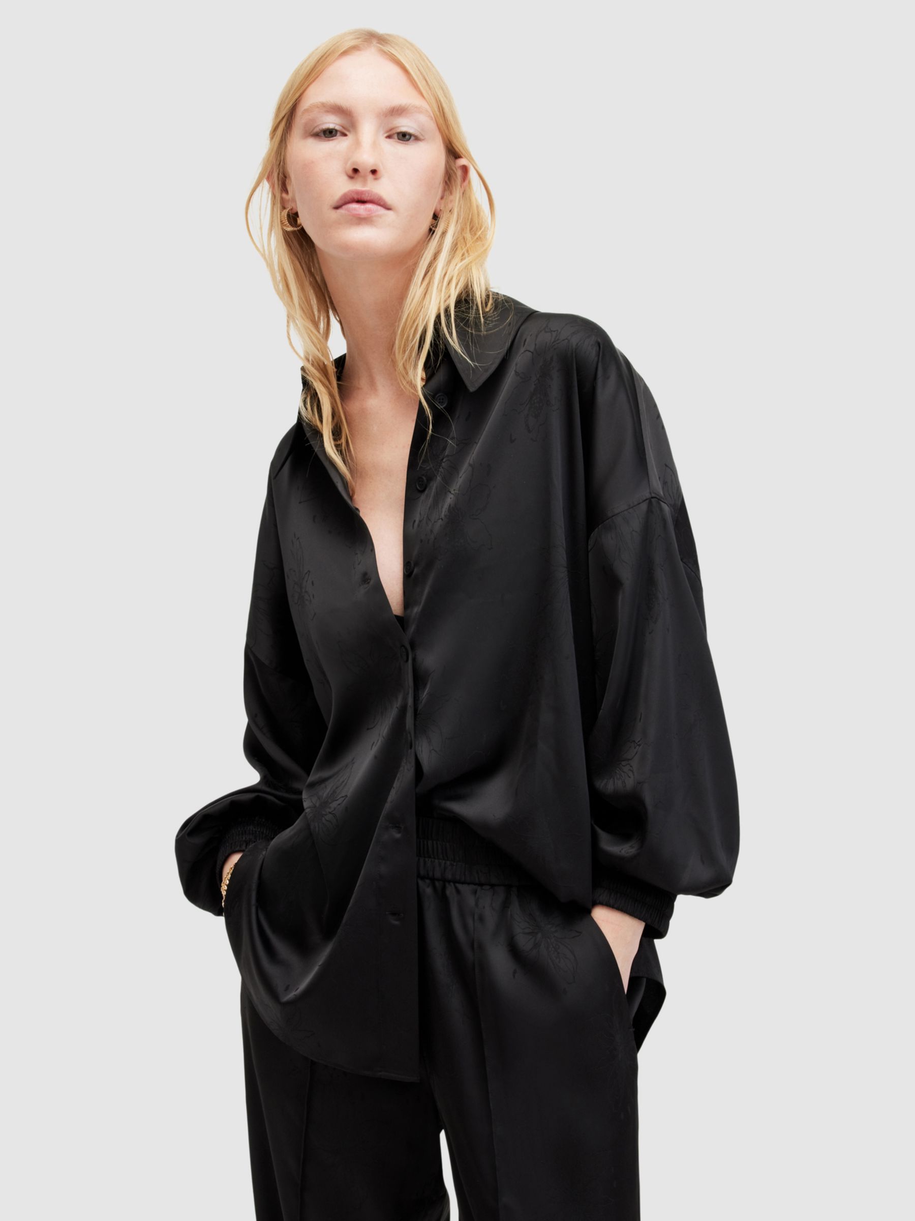 AllSaints Charli Jacquard Floral Oversized Satin Shirt, Black