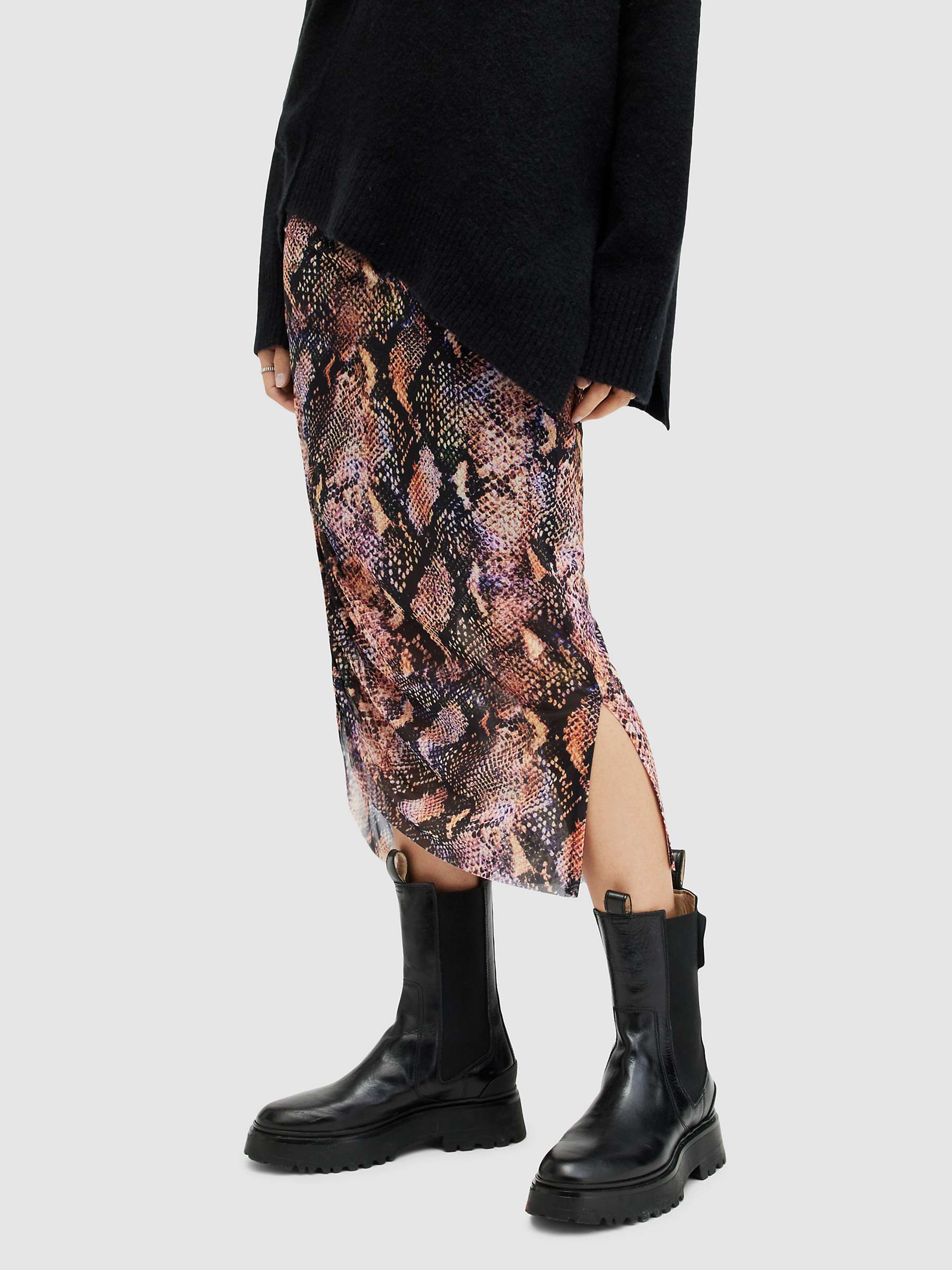 Buy AllSaints Nora Tahoe Snake Print Midi Skirt, Tan Brown Online at johnlewis.com
