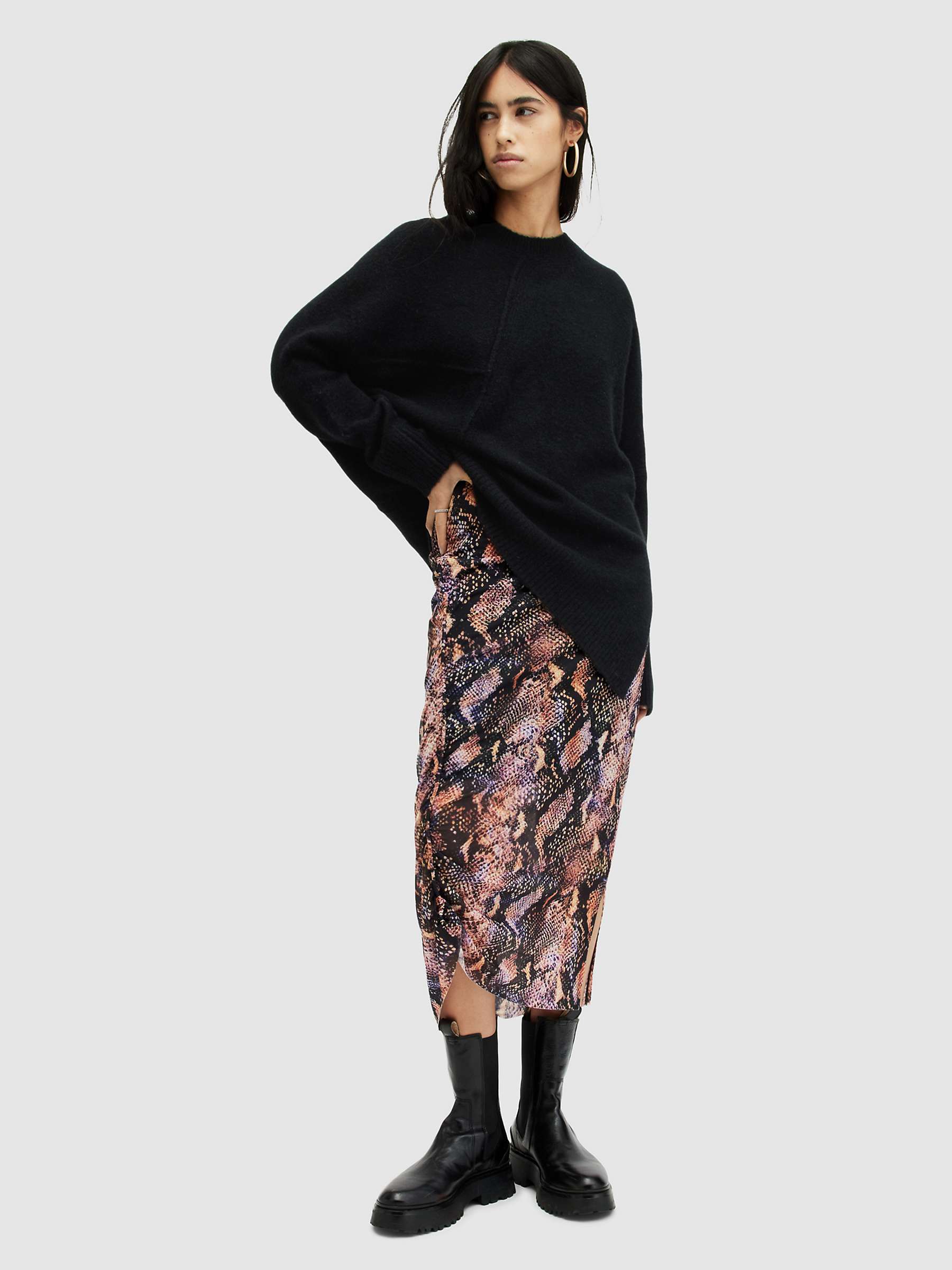 Buy AllSaints Nora Tahoe Snake Print Midi Skirt, Tan Brown Online at johnlewis.com