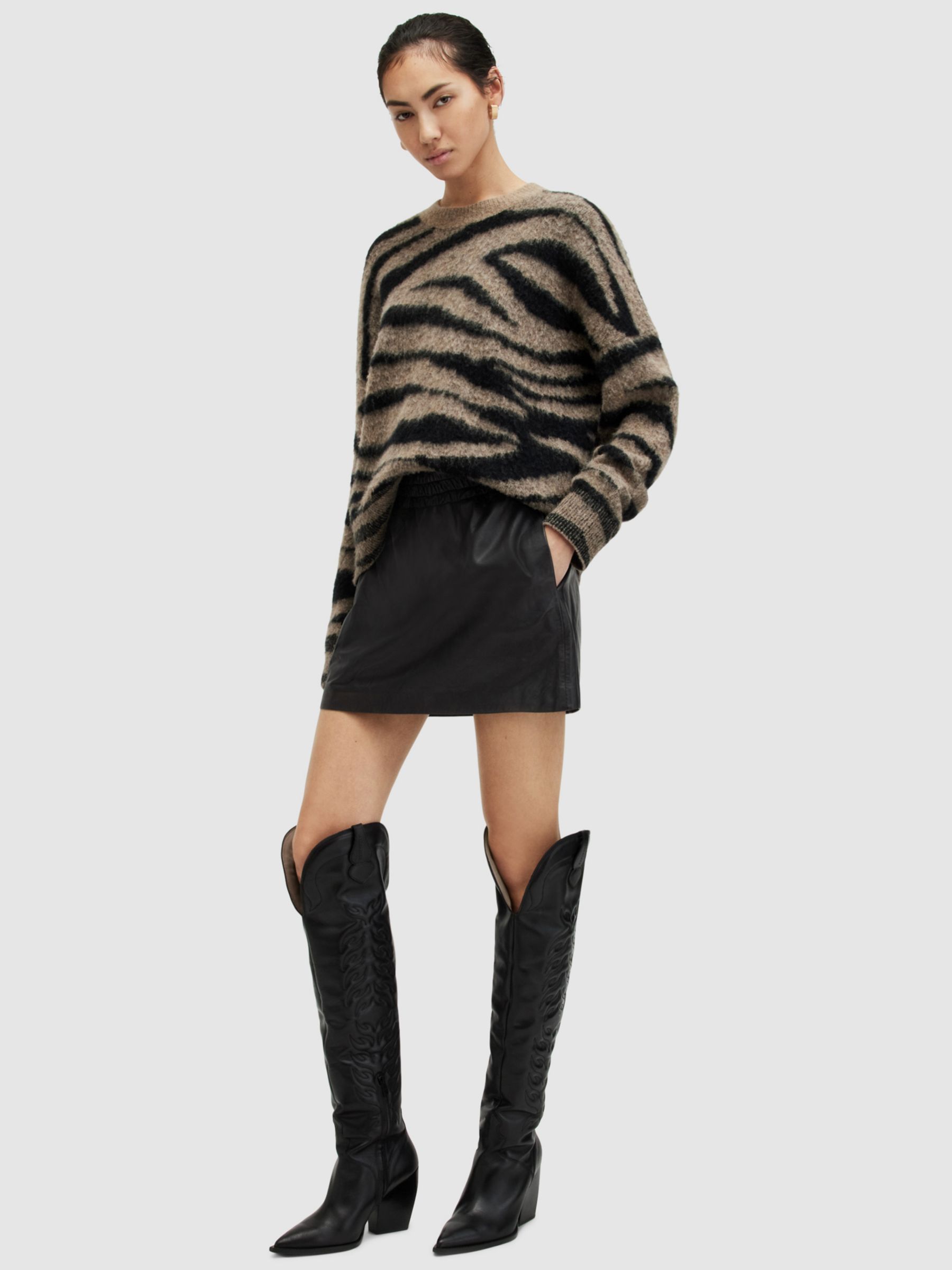 AllSaints Shana Leather Mini Skirt, Black, 6