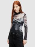 AllSaints Elia Mesh Valley Print Bodysuit, Black Mono