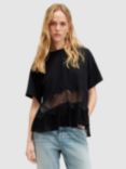AllSaints Gracie Lace Panel Oversized T-Shirt, Black, Black