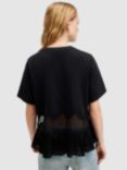 AllSaints Gracie Lace Panel Oversized T-Shirt, Black, Black