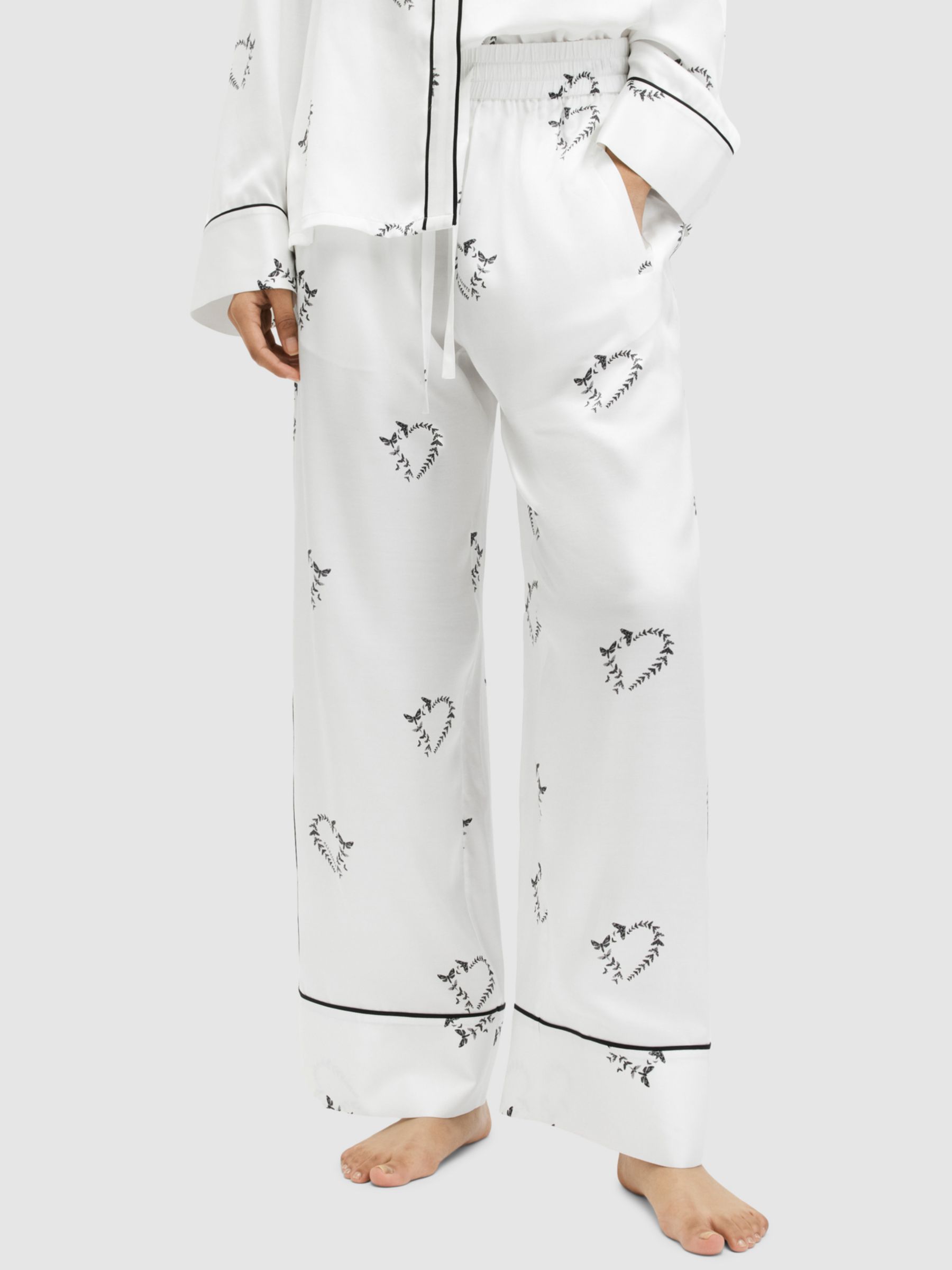 AllSaints Sofi Silk Blend Escalera Pyjama Trousers, Ecru White, S