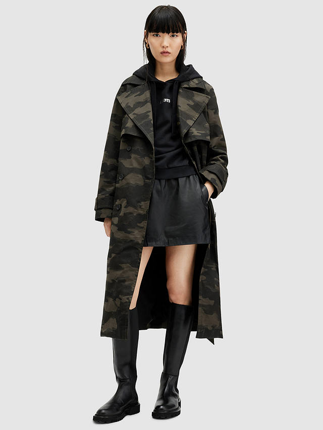 AllSaints Mixie Double Breasted Camouflage Trench Coat, Brown