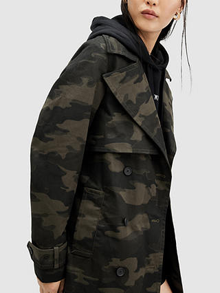 AllSaints Mixie Double Breasted Camouflage Trench Coat, Brown