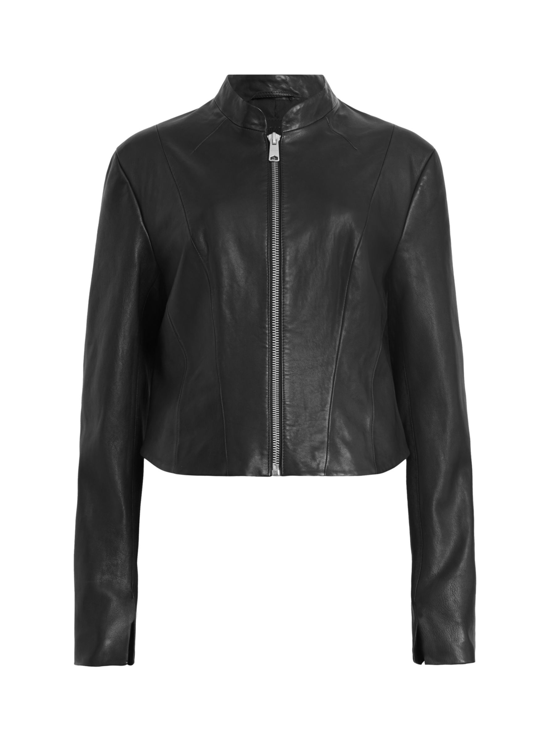 AllSaints Sadler Collarless Leather Jacket, Black at John Lewis & Partners