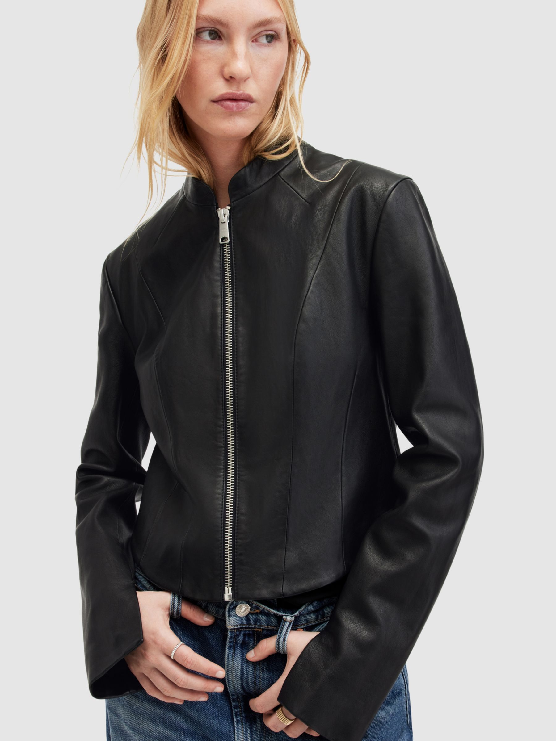 Buy AllSaints Sadler Collarless Leather Jacket, Black Online at johnlewis.com