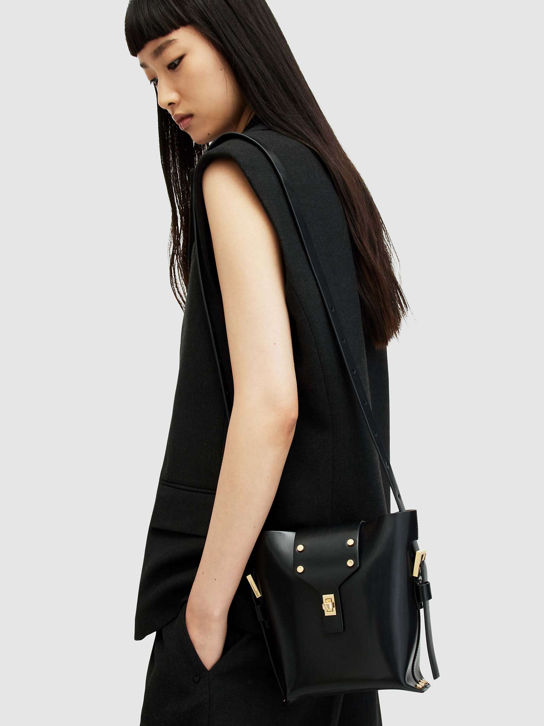 Buy AllSaints Miro Turn Lock Leather Crossbody Bag, Black Online at johnlewis.com