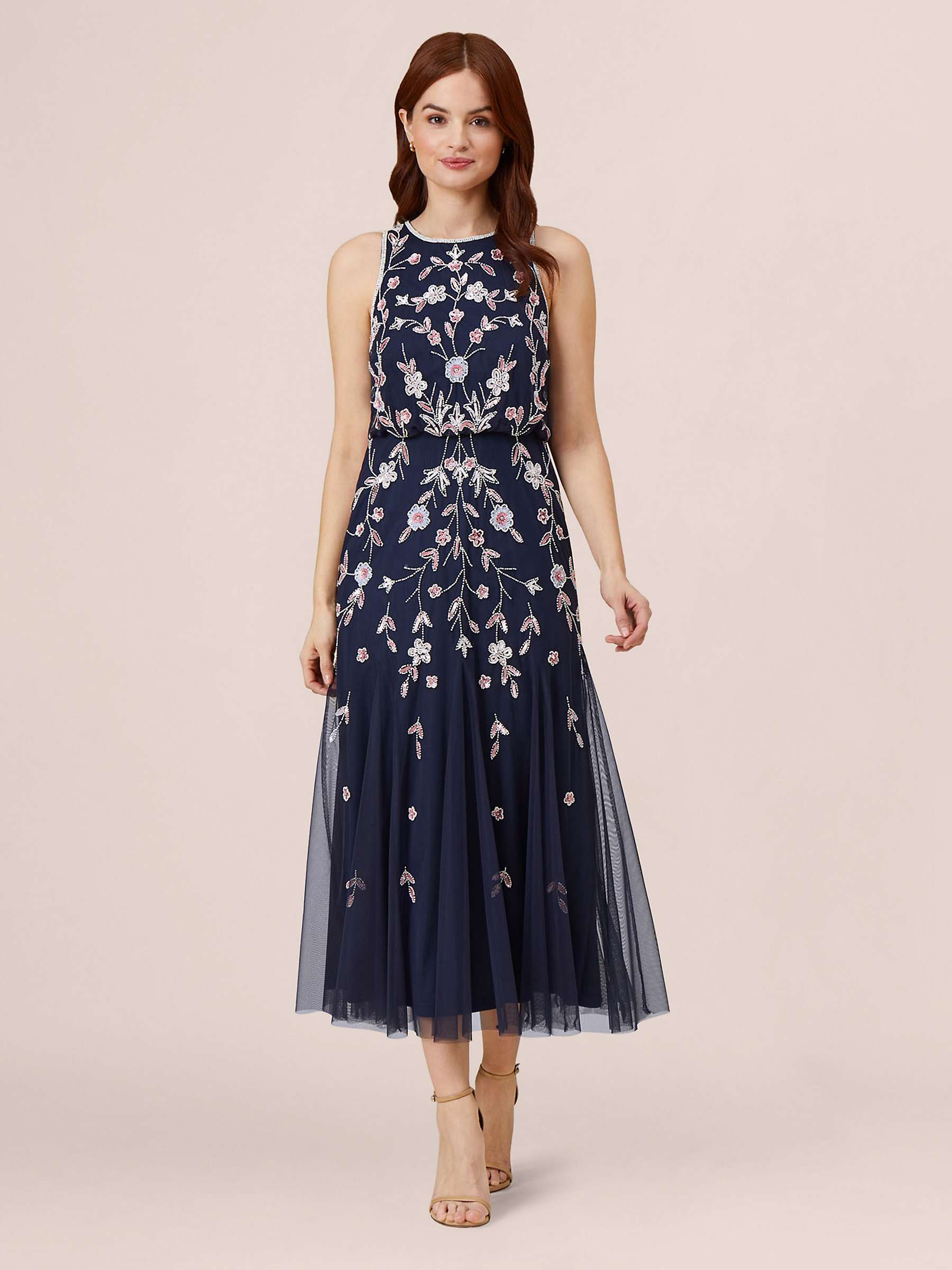 Buy Adrianna Papell Beaded Blouson Midi Dress, Navy/Blush Online at johnlewis.com