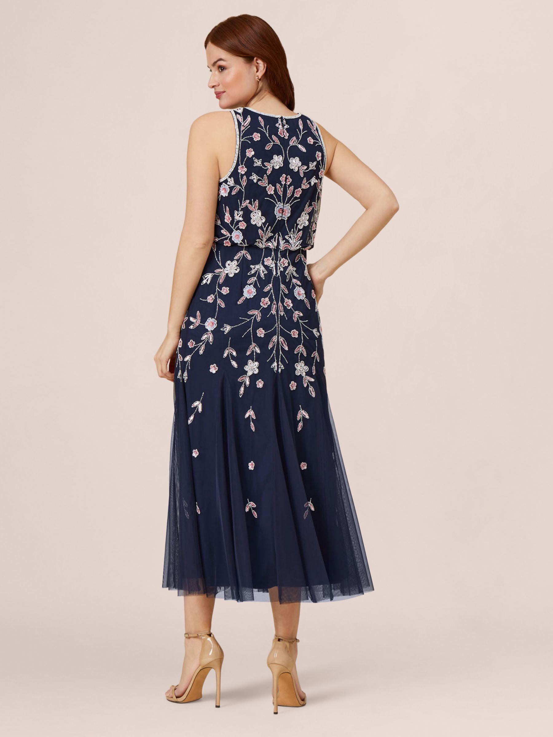 Adrianna Papell Beaded Blouson Midi Dress, Navy/Blush, 6