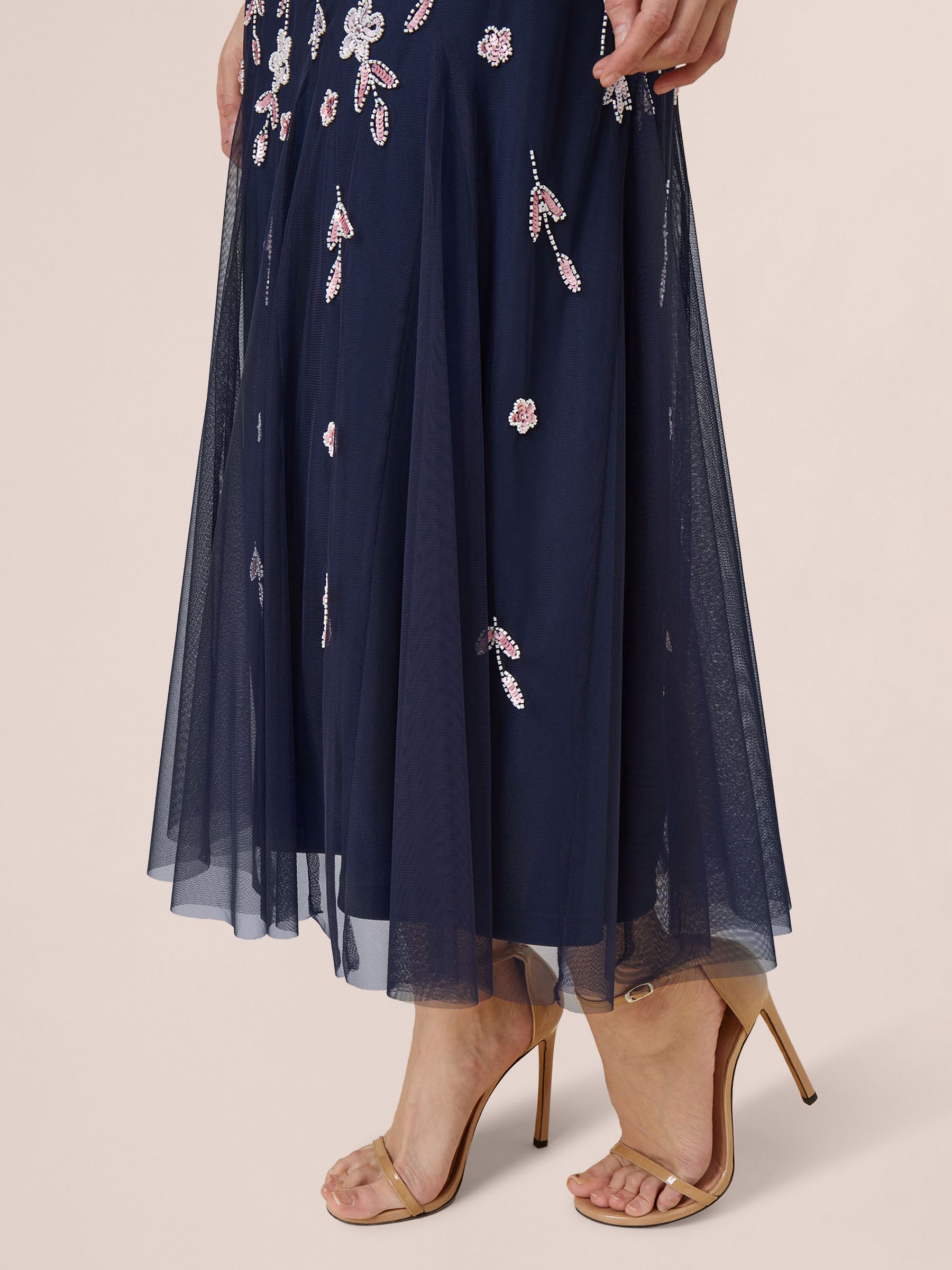 Adrianna Papell Beaded Blouson Midi Dress, Navy/Blush, 6