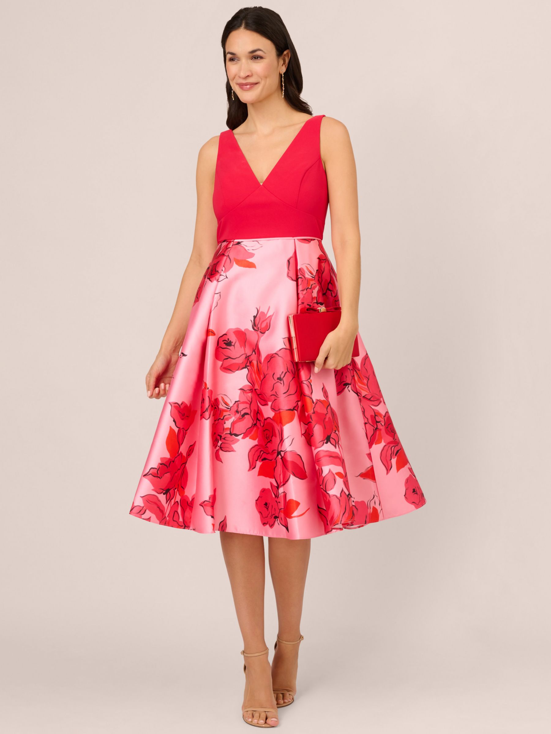 Adrianna Papell Floral Print Midi Dress Pink Red Multi