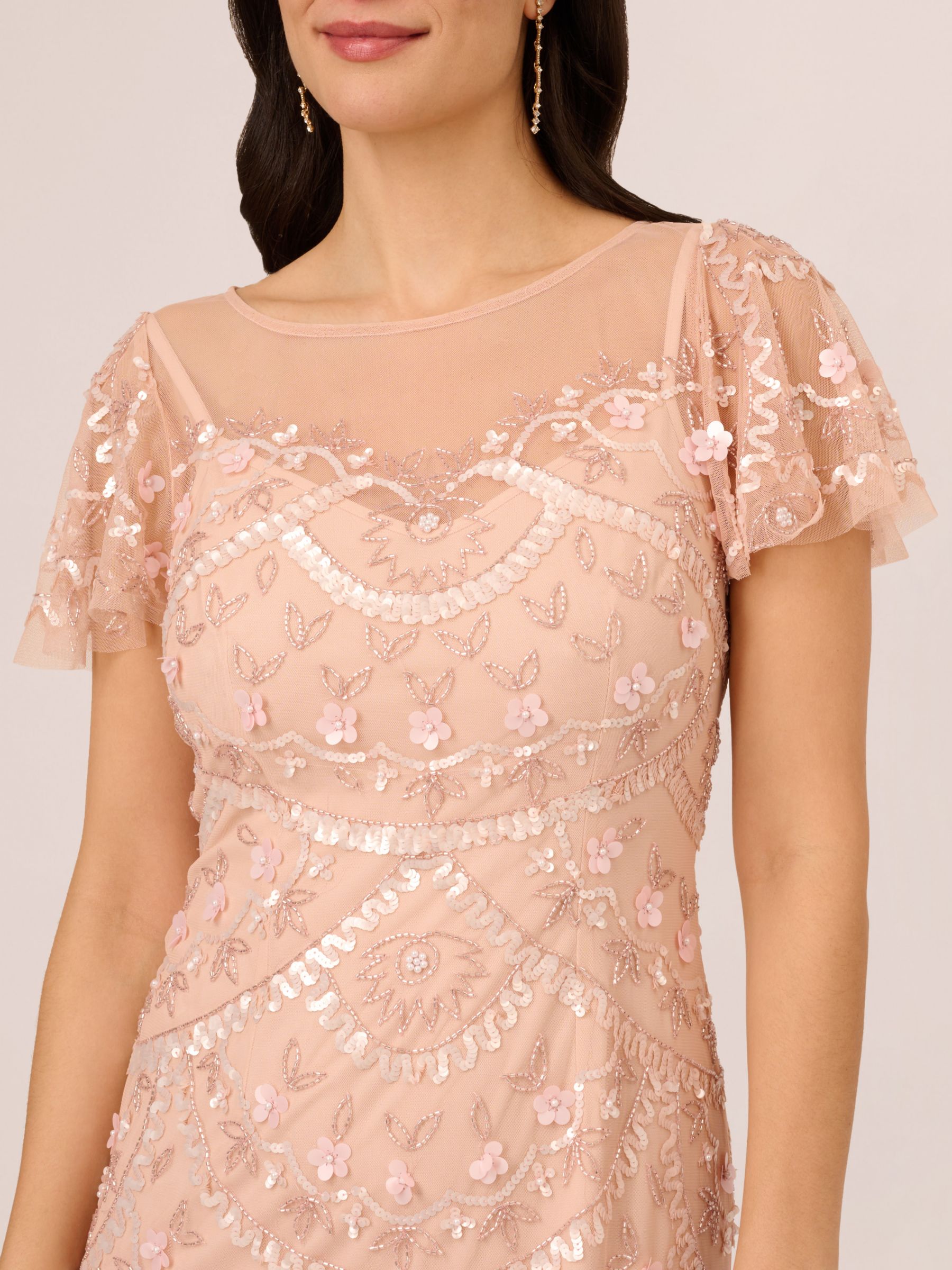 Adrianna Papell Beaded Flutter Sleeve Maxi Dress, Blush, 10