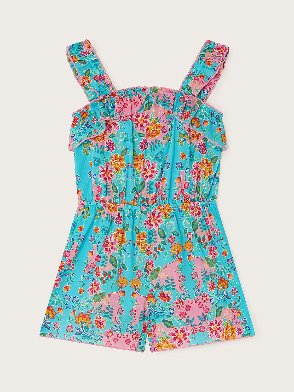 Buy Monsoon Kids' Floral Print Frill Detail Playsuit, Turquoise Online at johnlewis.com