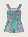 Monsoon Kids' Floral Print Frill Detail Playsuit, Turquoise