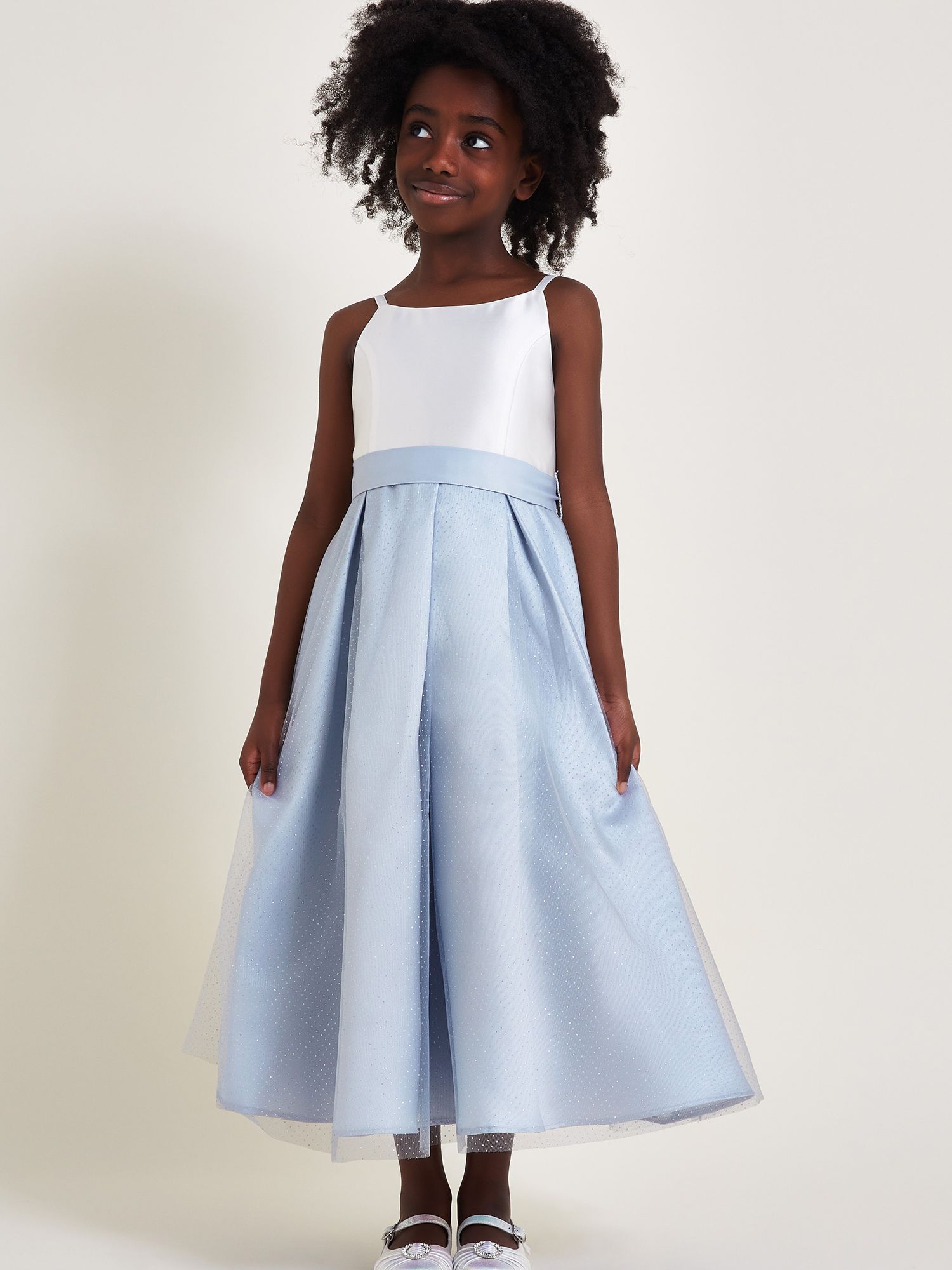 Monsoon Kids' Anastasia Glitter Tulle Bow Occasion Maxi Dress, Pale Blue, 14-15 years