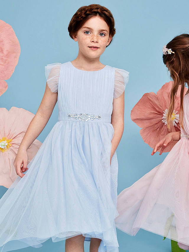 Monsoon Kids' Penelope Belted Dress, Pale Blue